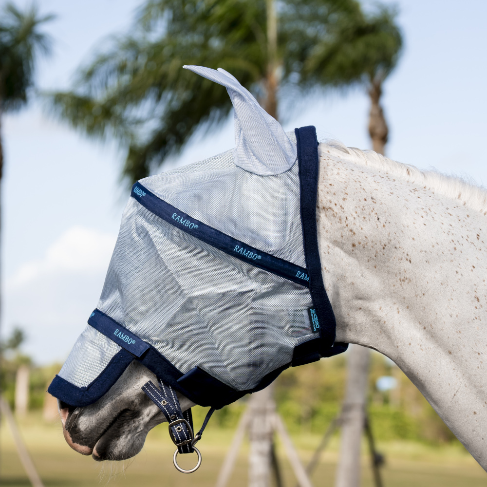 Horseware Rambo Plus Fly Mask Untreated - azure blue/navy & electric blue, Größe small Pony