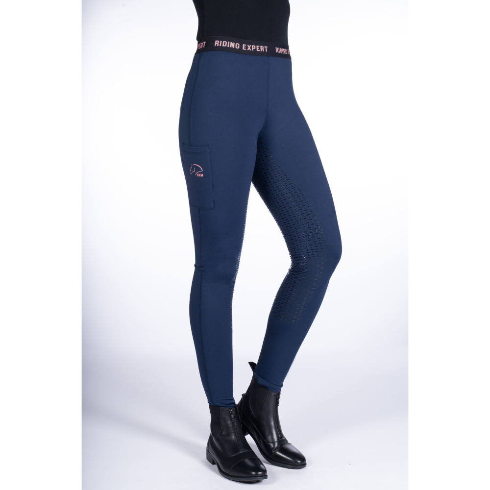 HKM Reitleggings Graz Style Silikon Vollbesatz Kinder - dunkelblau/neon koralle, Größe 170/176
