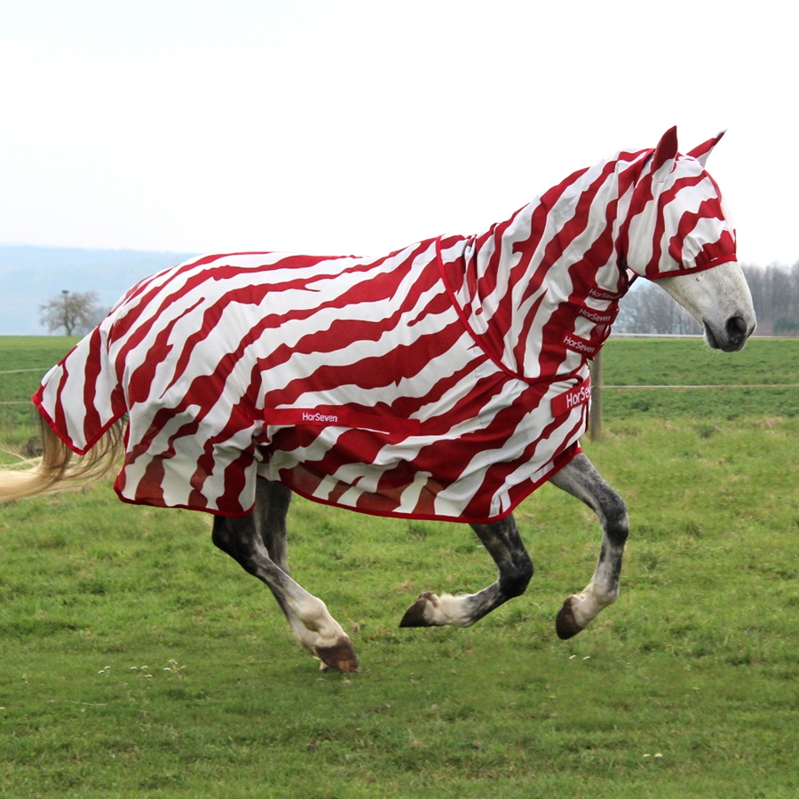 HorSeven Buzz-Off Fullneck Zebra Fliegendecke B-Ware - rot/weiß zebra, Größe 140