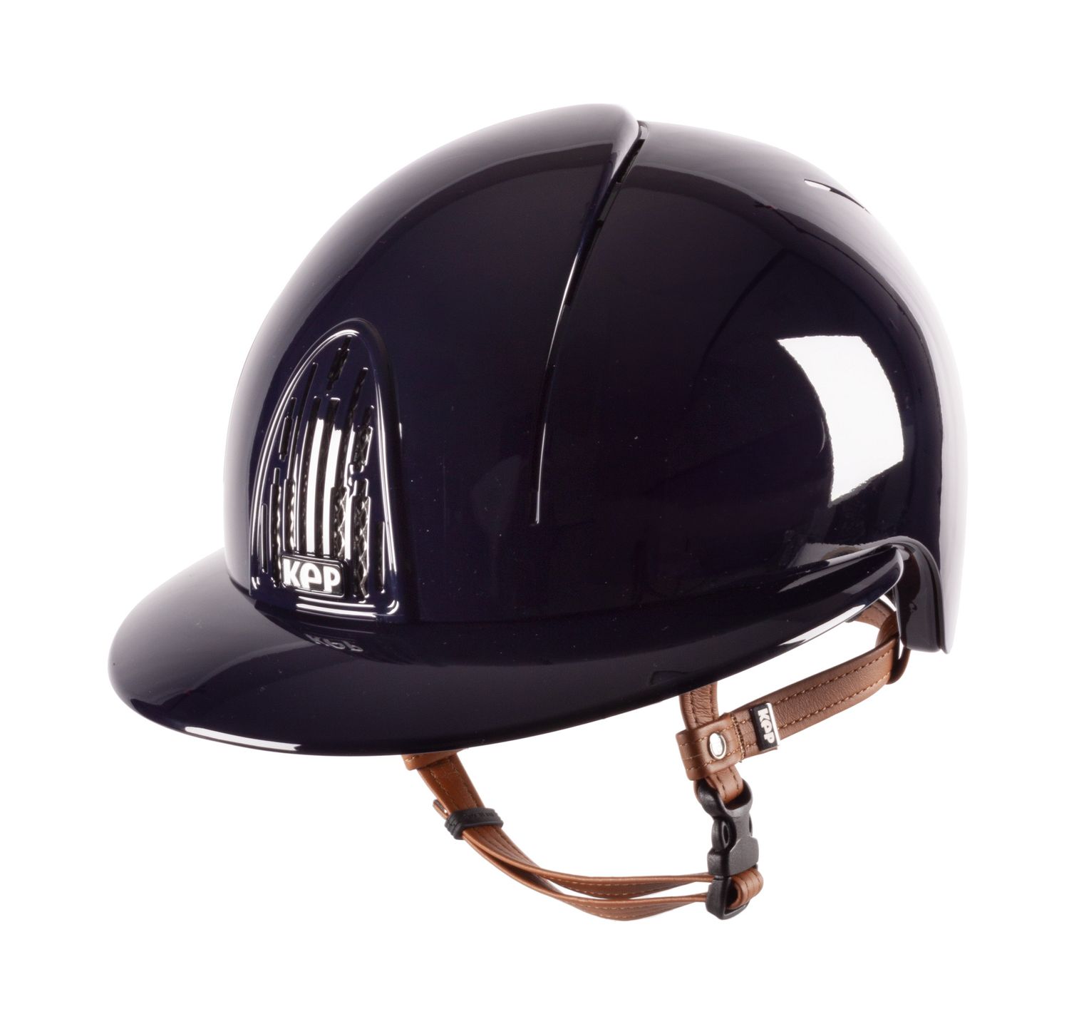 KEP Reithelm Cromo Smart Polish Polo-Schirm mit Beigen Kinnriemen - blau, Größe L (59-62)