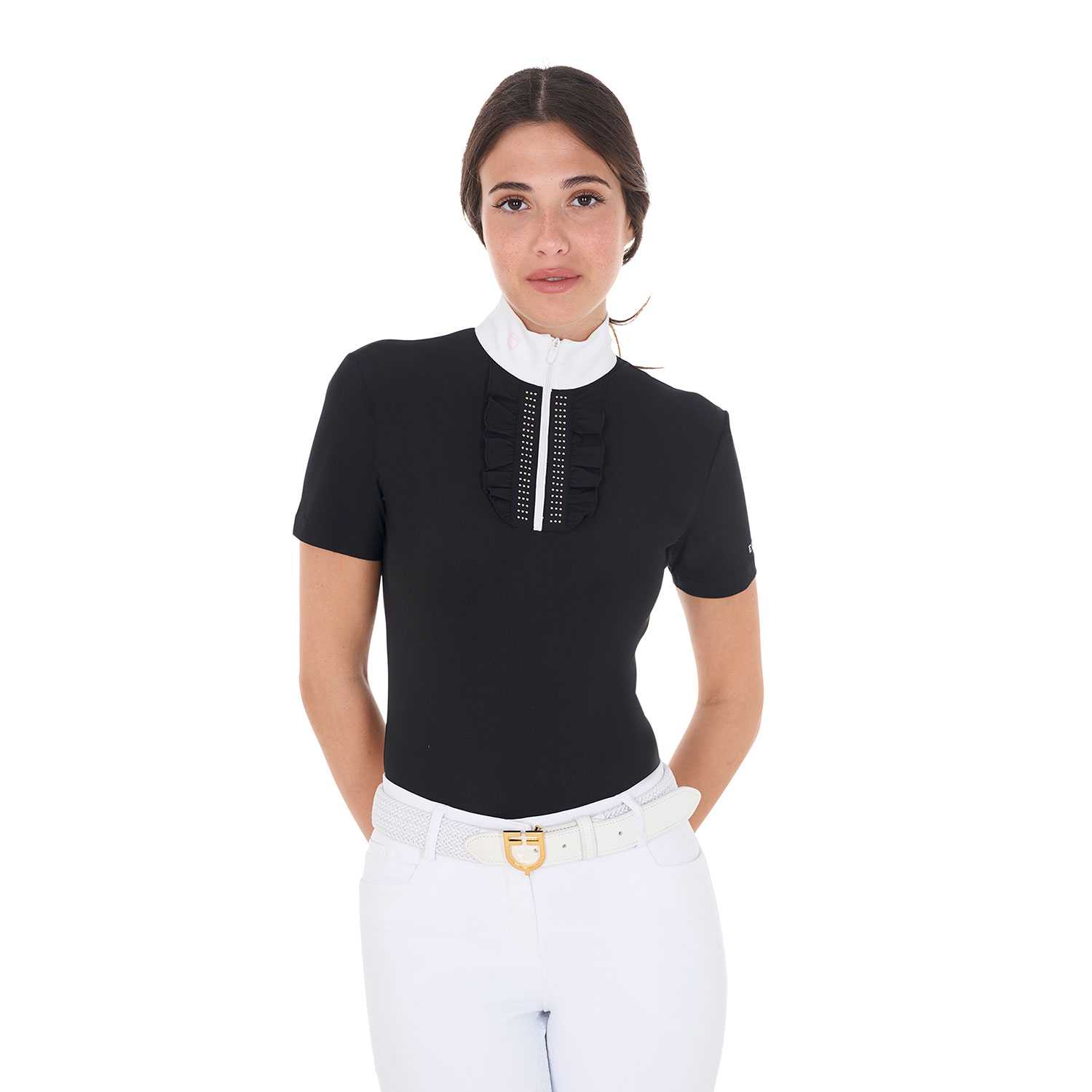 Equestro Slim Fit kurzarm Turniershirt mit Strass Damen - black, Größe XS