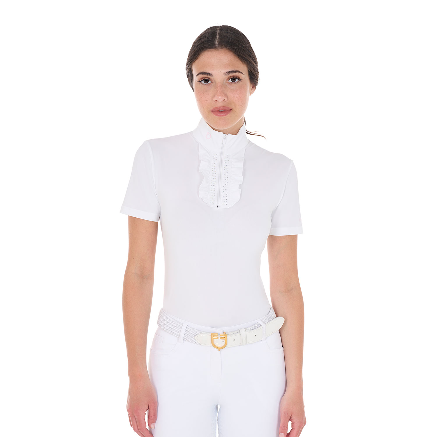 Equestro Slim Fit kurzarm Turniershirt mit Strass Damen - white, Größe XS
