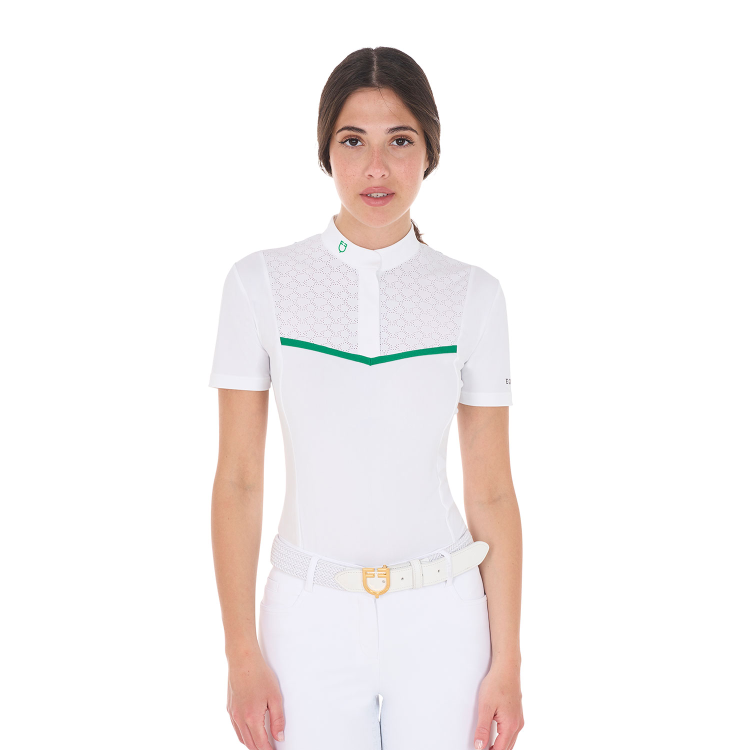 Equestro Slim Fit kurzarm Turniershirt perforiert Damen - white/ultramarine green, Größe M
