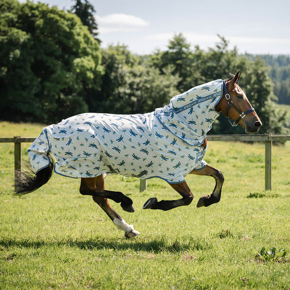 Horseware Amigo Integrated Fly Sheet - Dragonfly Print/Silver. Blue & Sage, Größe 115