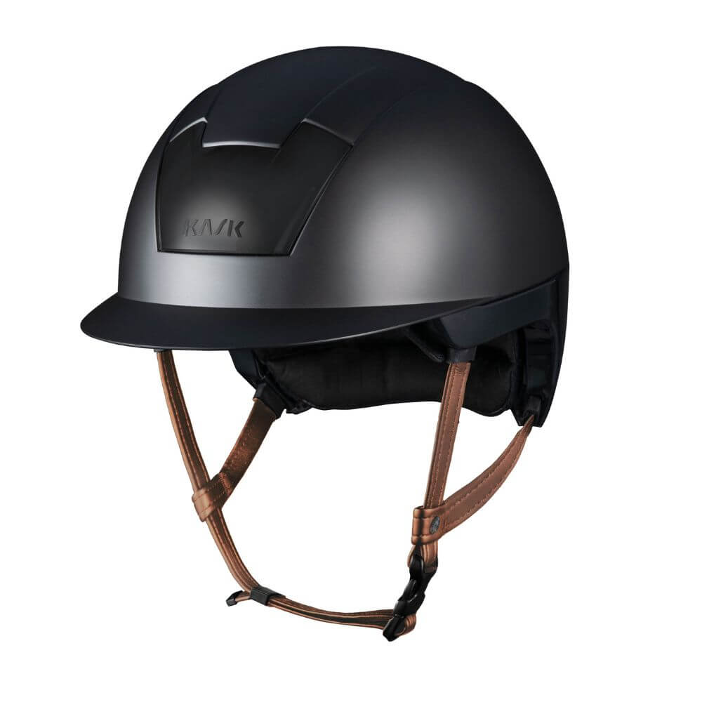 KASK Kooki Reithelm mit braunem Kinnriemen - black shadow, Größe 55