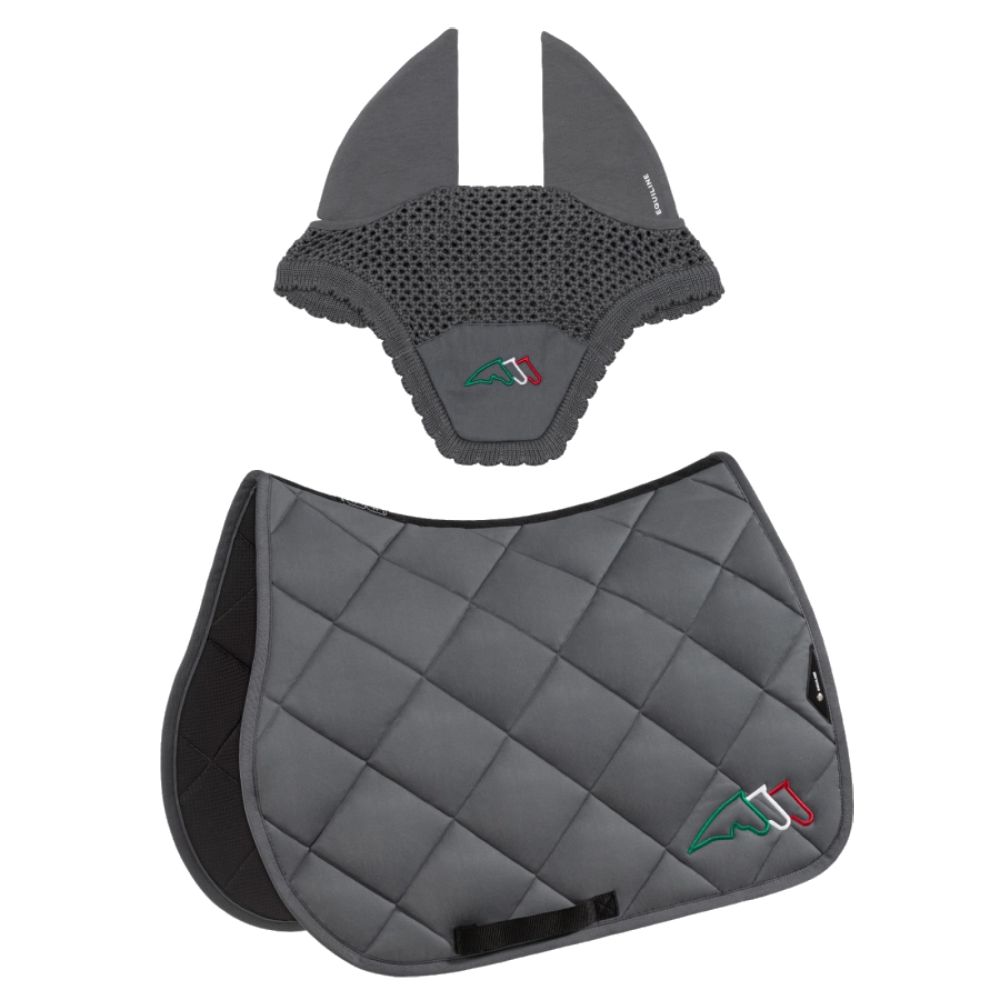 Equiline Eqtricolore Schabracke und Fliegenhaube-Set - grau, Größe Dressur (DN)