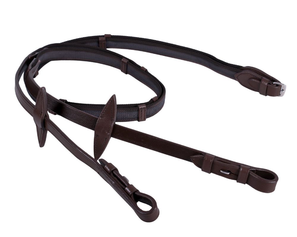 QHP Anti-Rutsch-Zügel mit Lederstoppern - dunkelbraun, Größe Pony
