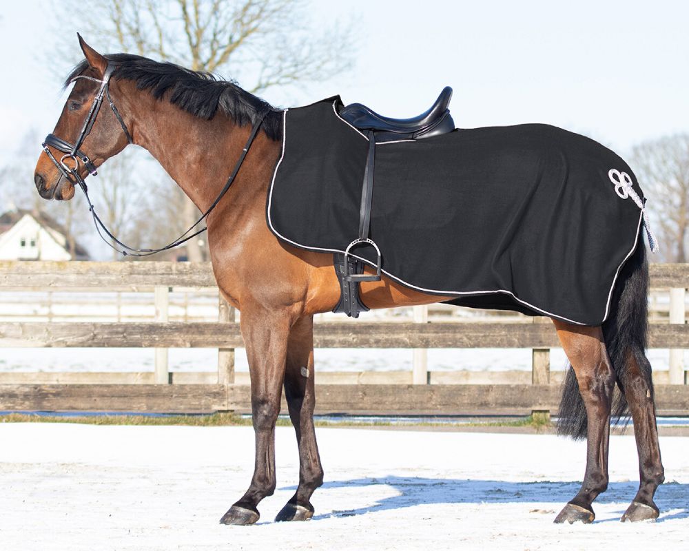 QHP Fleece-Ausreitdecke mit Ornament - schwarz/silber, Größe S