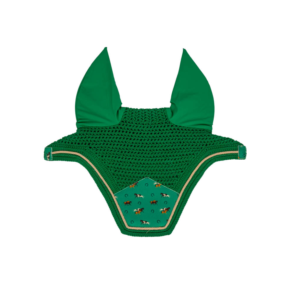 Kentucky Horsewear Fliegenmütze Wellington Velvet Pferde-Print - green, Größe Pony