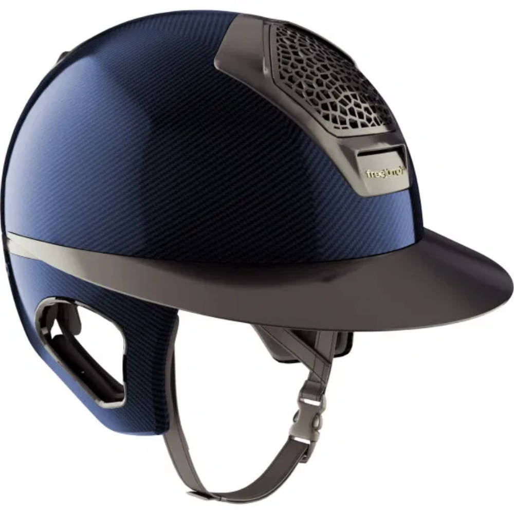 Freejump Voronoï Reithelm Carbon Blau mit breitem Visier in Matt schwarz, mit Schläfenschutz - blue, Größe L