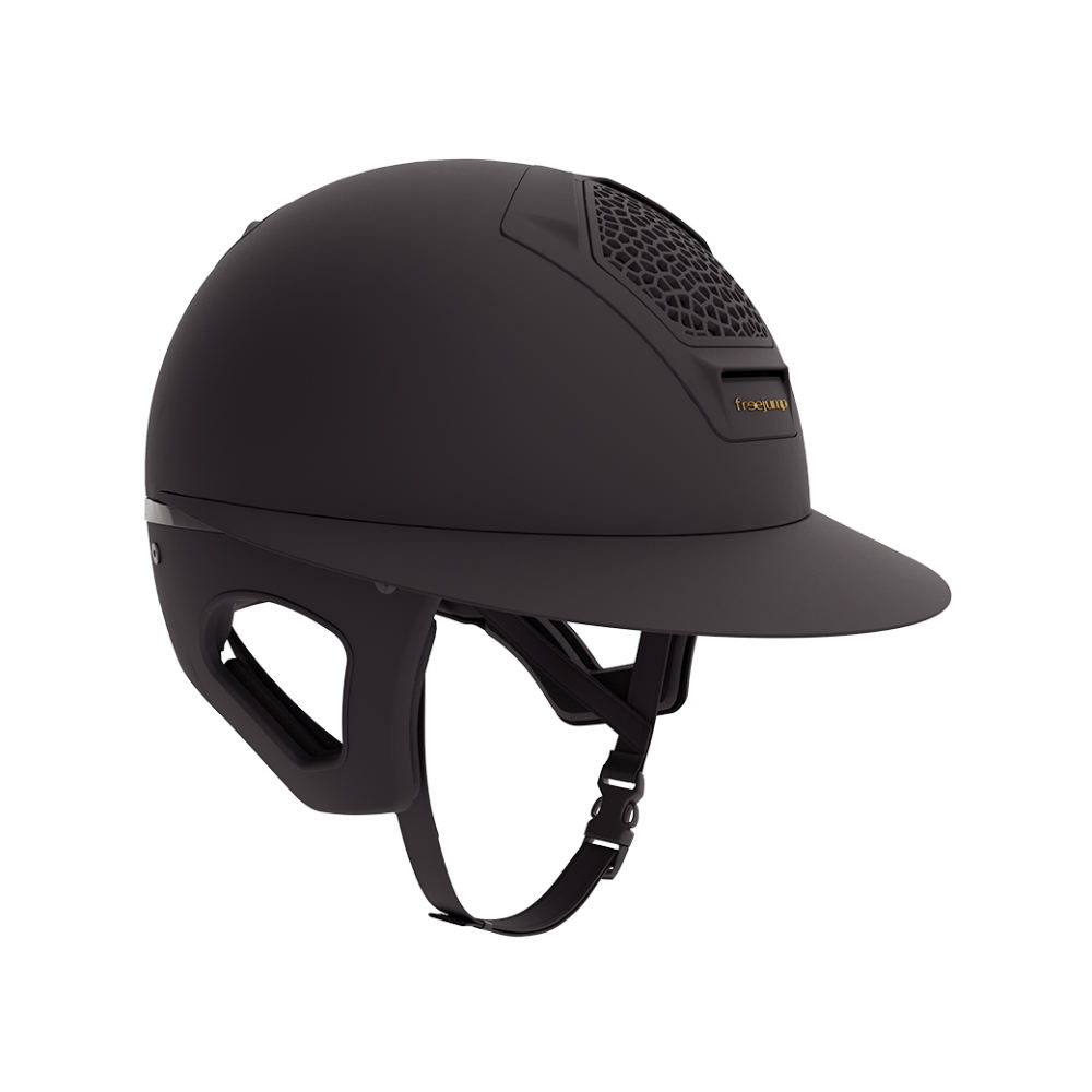 Freejump Voronoï Reithelm Carbon Fullblack mit breitem Visier in Matt, mit Schläfenschutz - black, Größe S