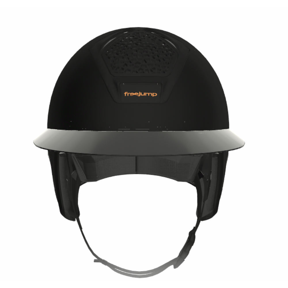 Freejump Vorono Reithelm Carbon Fullblack mit breitem Visier in Glossy, mit Schläfenschutz