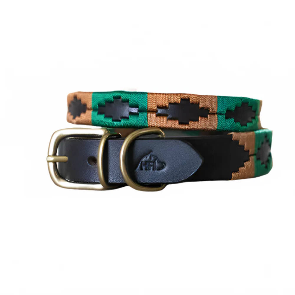 HFI Hundehalsband im Polo-Design - braun/smaragdgrün/ocker, Größe M